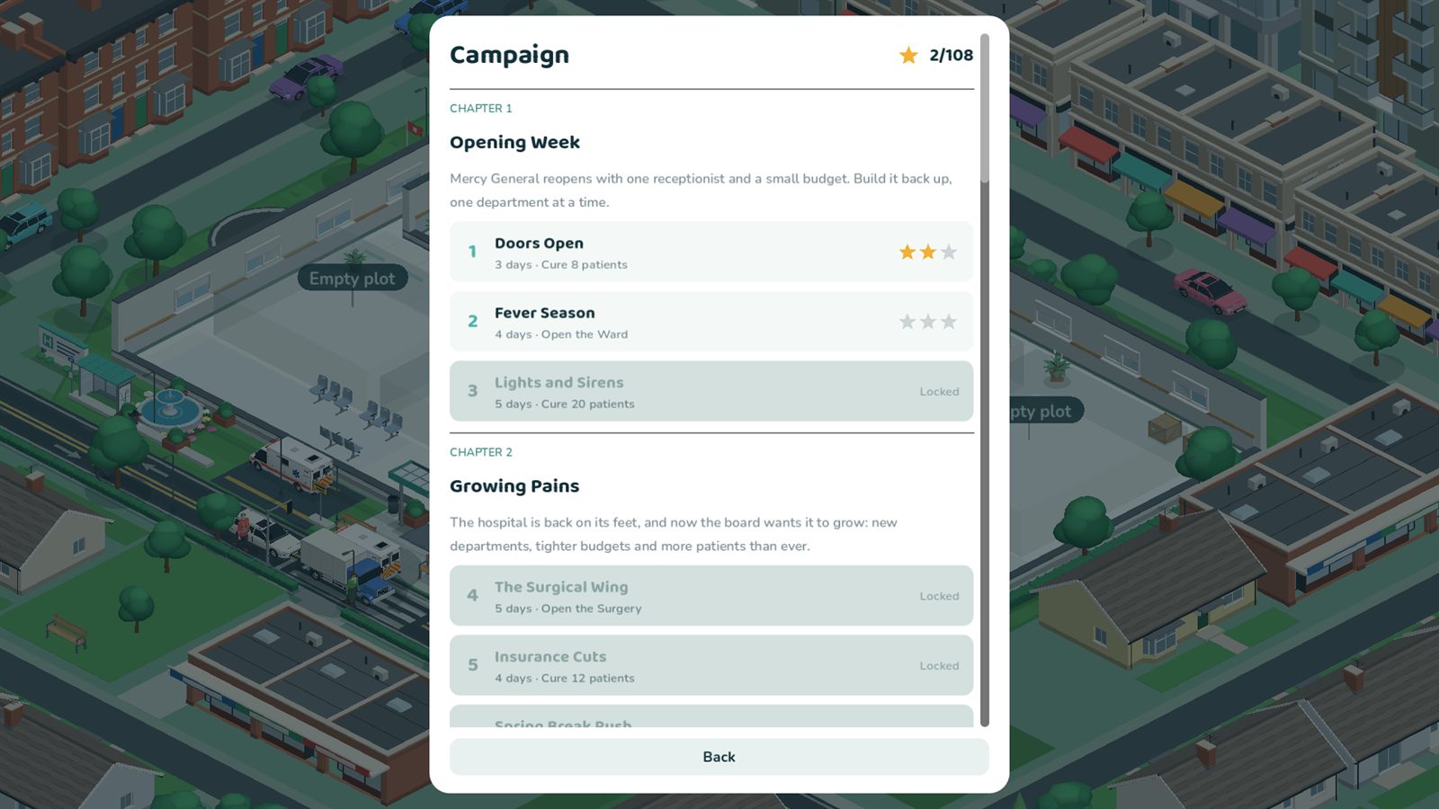 The campaign screen: chapters and levels with stars